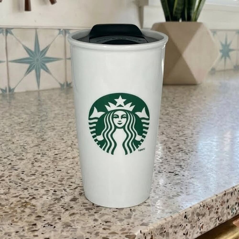 2011 Starbucks Siren Mermaid Logo 12 oz Ceramic Travel Coffee Tumbler Mug Lid